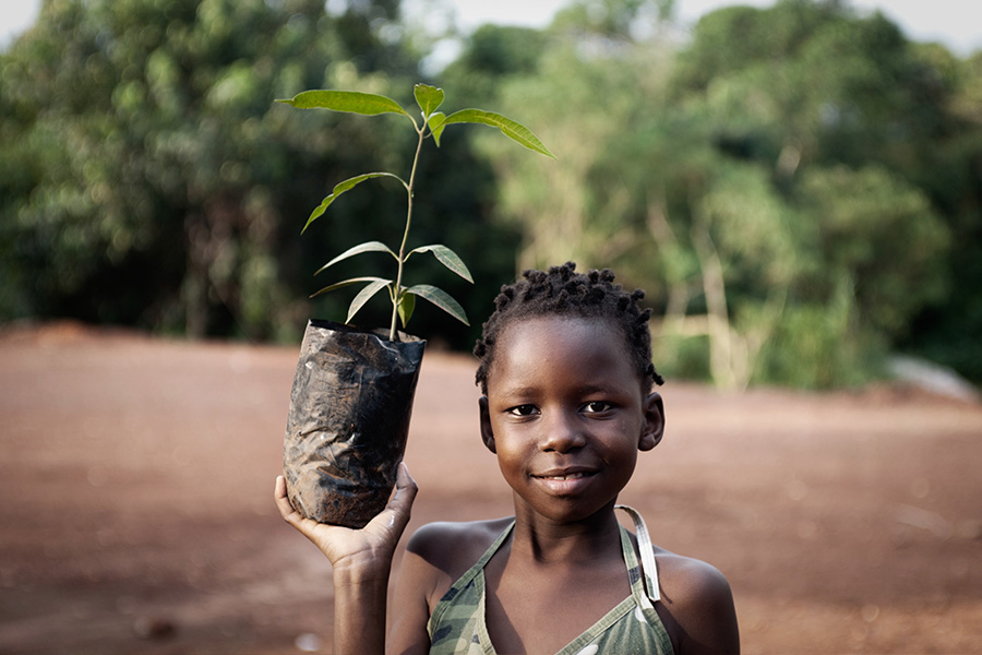 African child holding a seedling that is ready to be planted