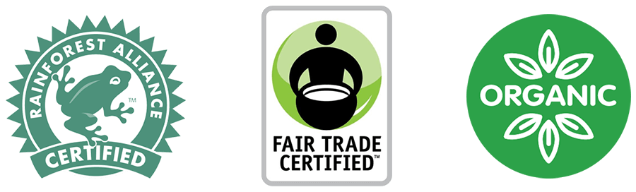 Rainforest Alliance Certified, Fair Trade Certified, Organic